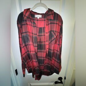Long sleeve, button up, red plaid top
